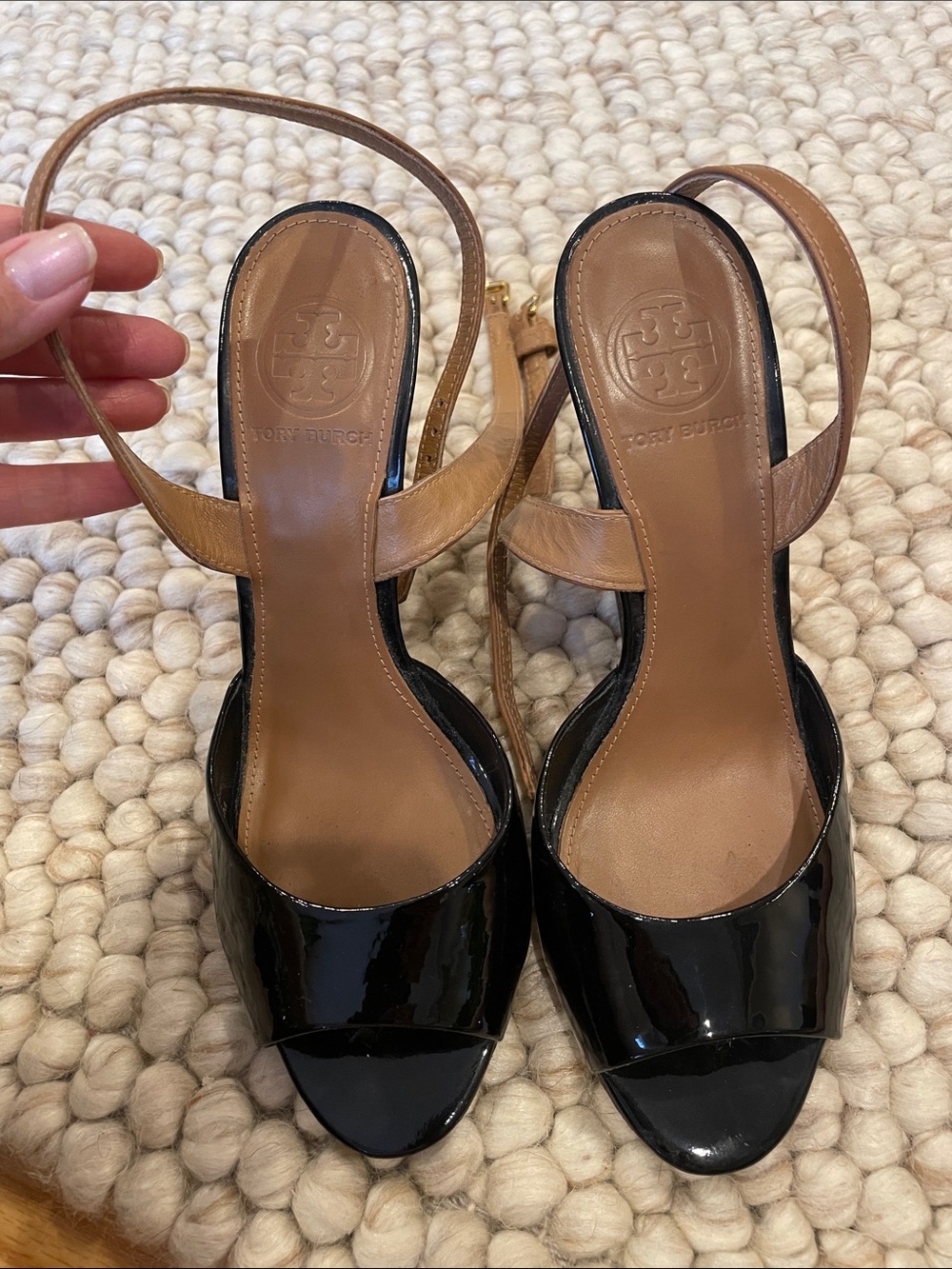 Tory Burch Black Patent and Tan Leather Slingback Heels